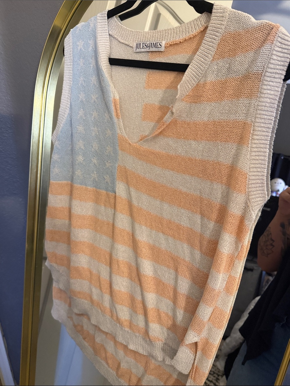 Jules & James Striped V-Neck Flag Sweater Vest - Cream,Peach & Light Blue